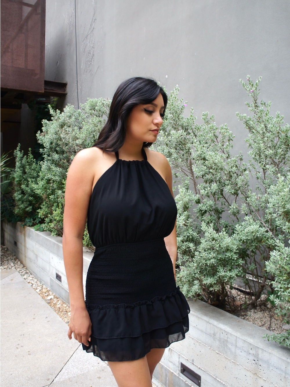 Black Halter Mini Dress with Smocked Waist - Picture 5 of 5
